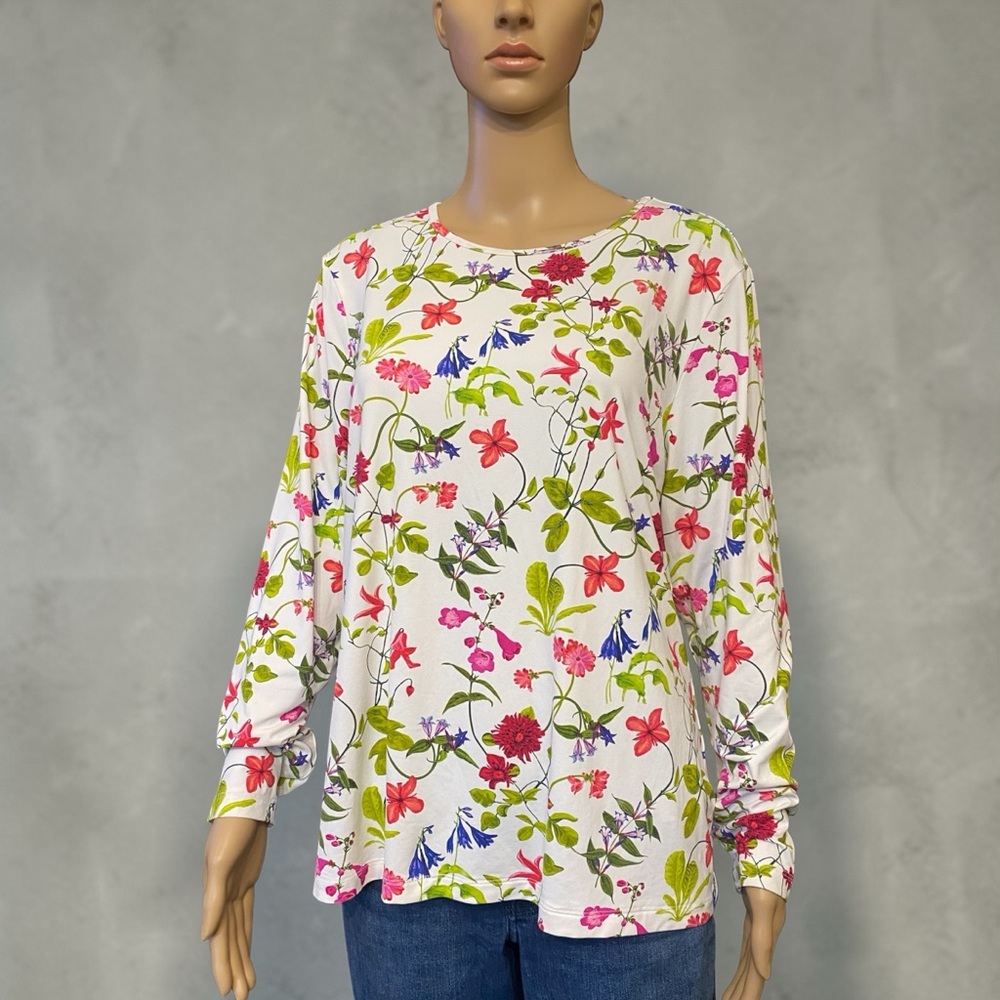 Lands' End Floral Long Sleeve Tee - White and Pink